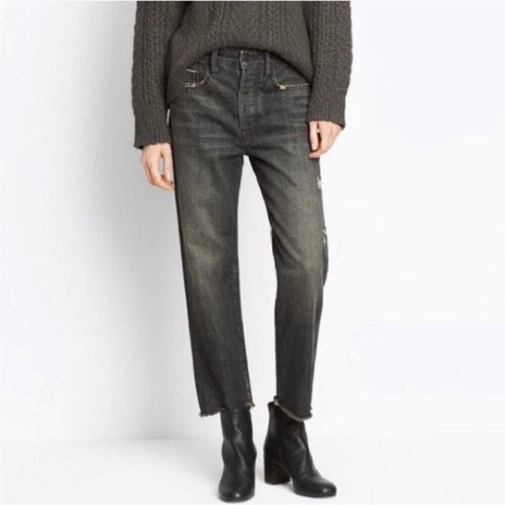 vince. Union Slouch Cropped Boyfriend Jeans Distressed Raw Hem Cuffed BLK Sz. 25